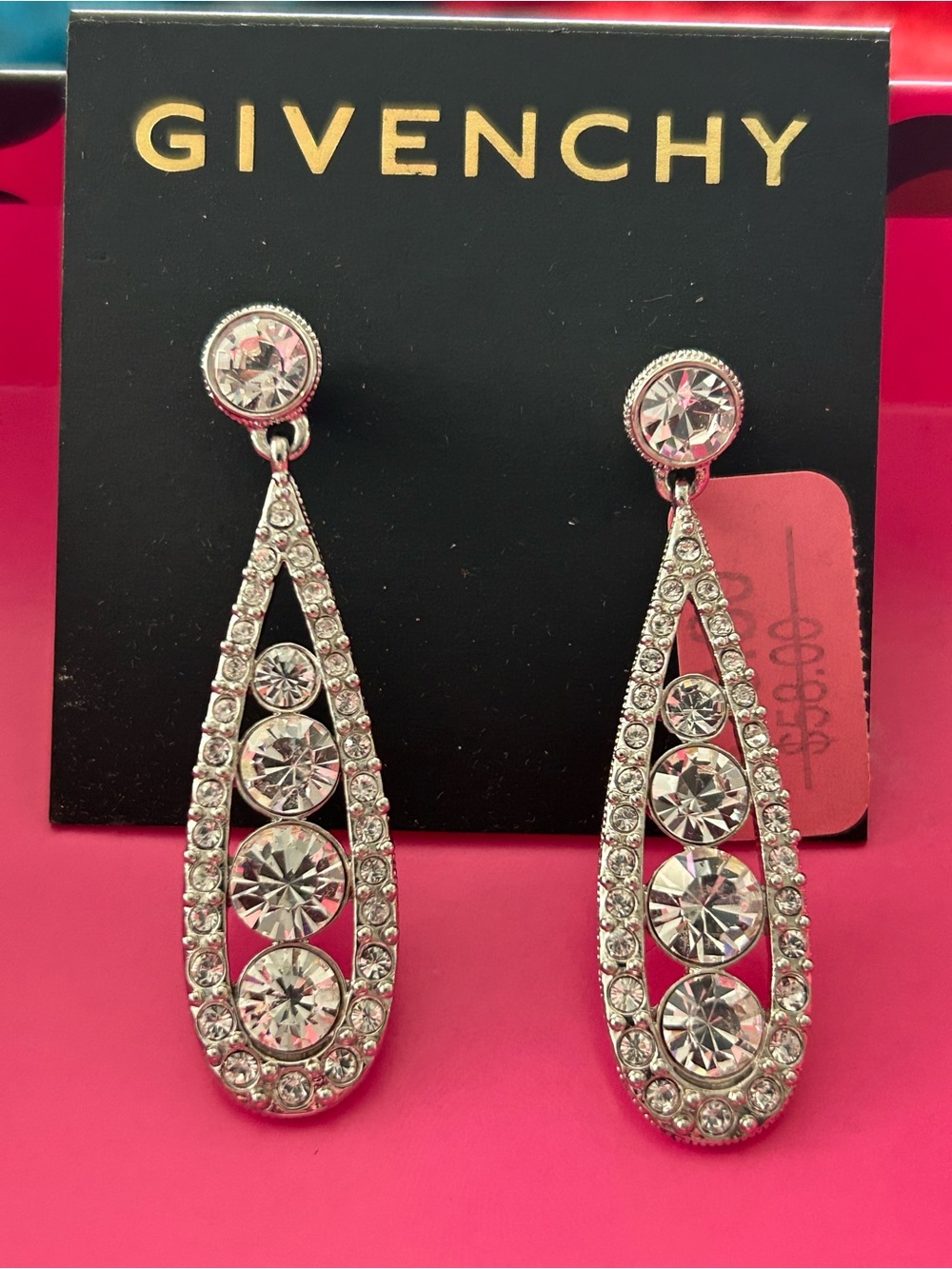 Givenchy Silver Crystal Teardrop Earrings with Clear Stones